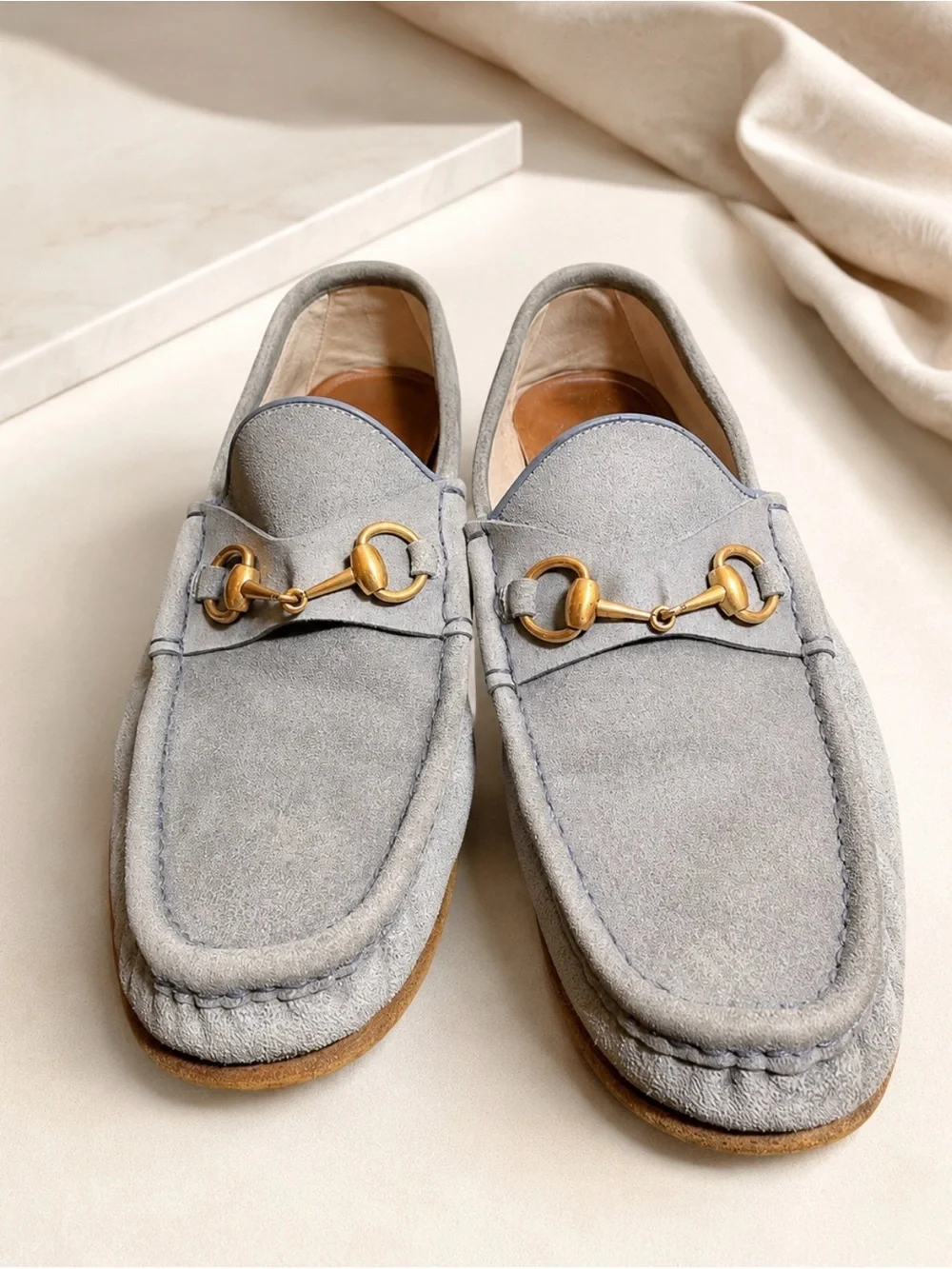 Gucci size 10 blue/grey suede horsebit slipon loafer shoes